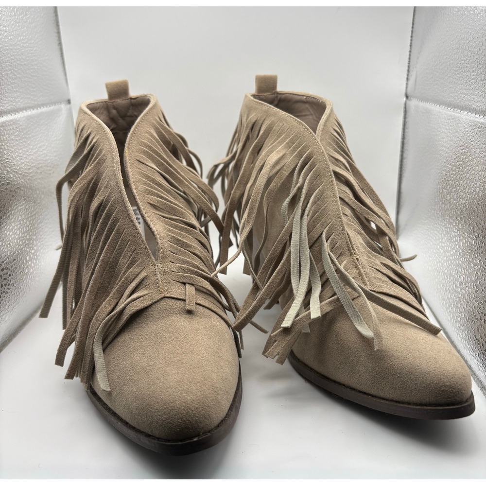 Beast Fashion Womens Taupe Faux Suede Fringe Pointed Toe Ankle Booties Heel 7
